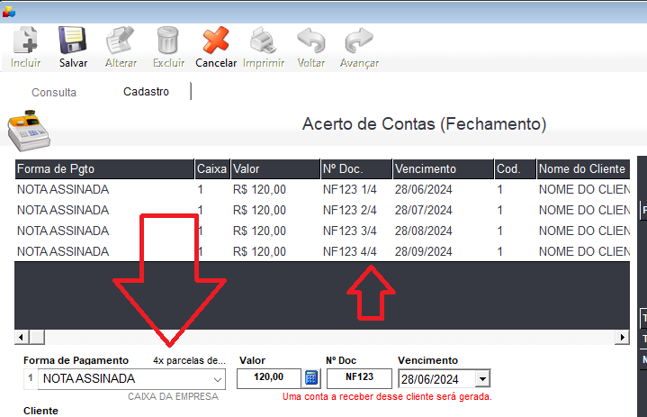 tela de acerto de contas - parcelamento