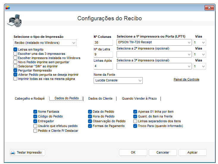 tela de configuração de recibo do sistema
